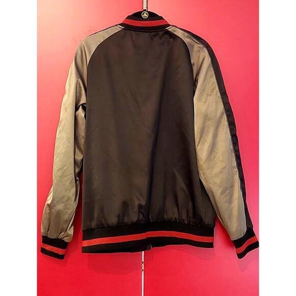 Groovy Monkey Black/Gray Satin Bomber Jacket w/Embroidered Hummingbirds, Medium - Picture 6 of 8